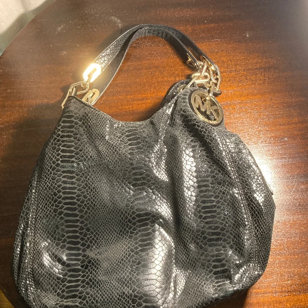 Michael Kors Black Fulton Snake-Embossed Hobo Bag with Gold Hardware